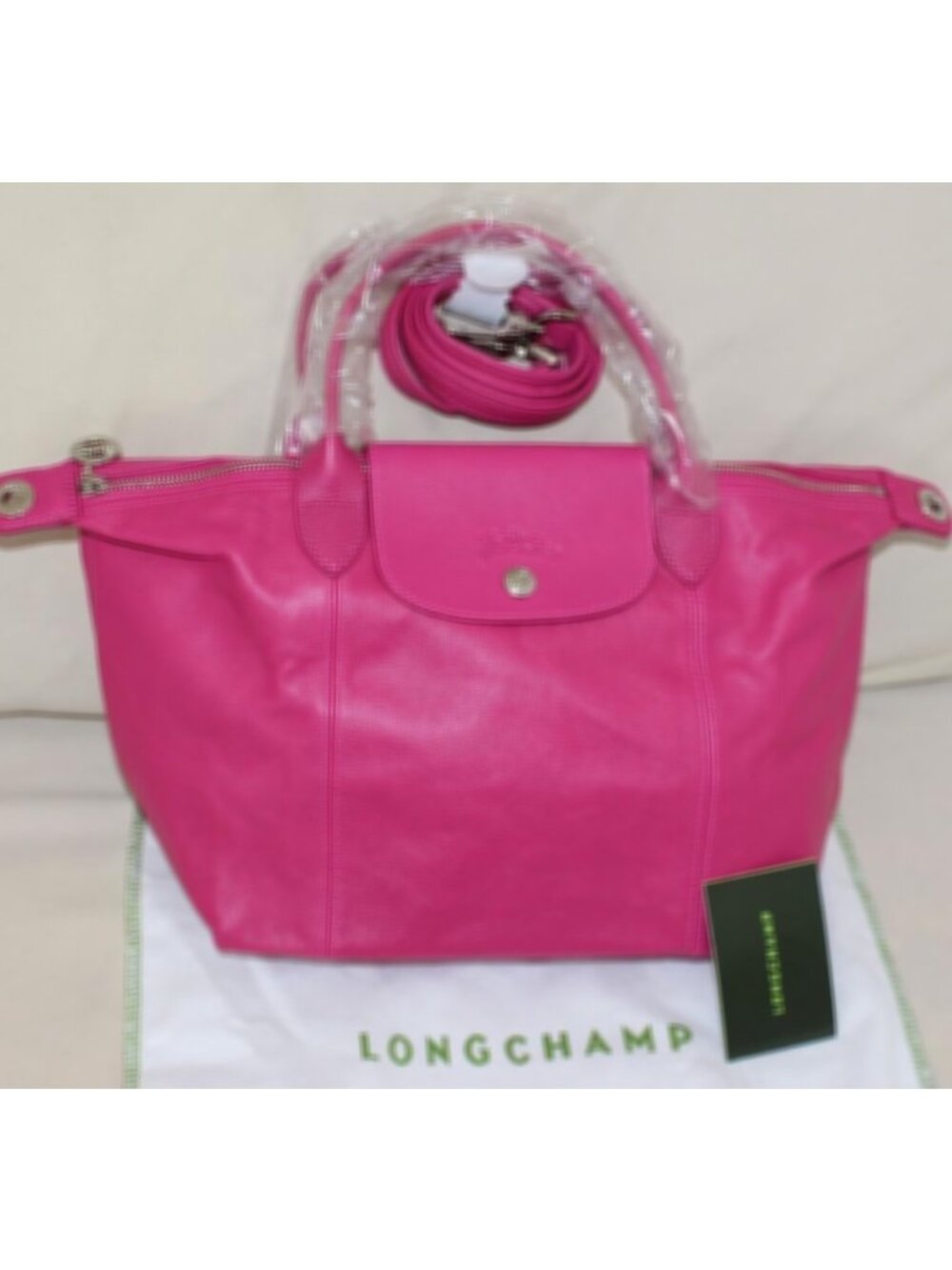 New w/Tags Longchamp Le Pliage Cuir Leather Shoulder Bag, Small, Cyclamen Pink